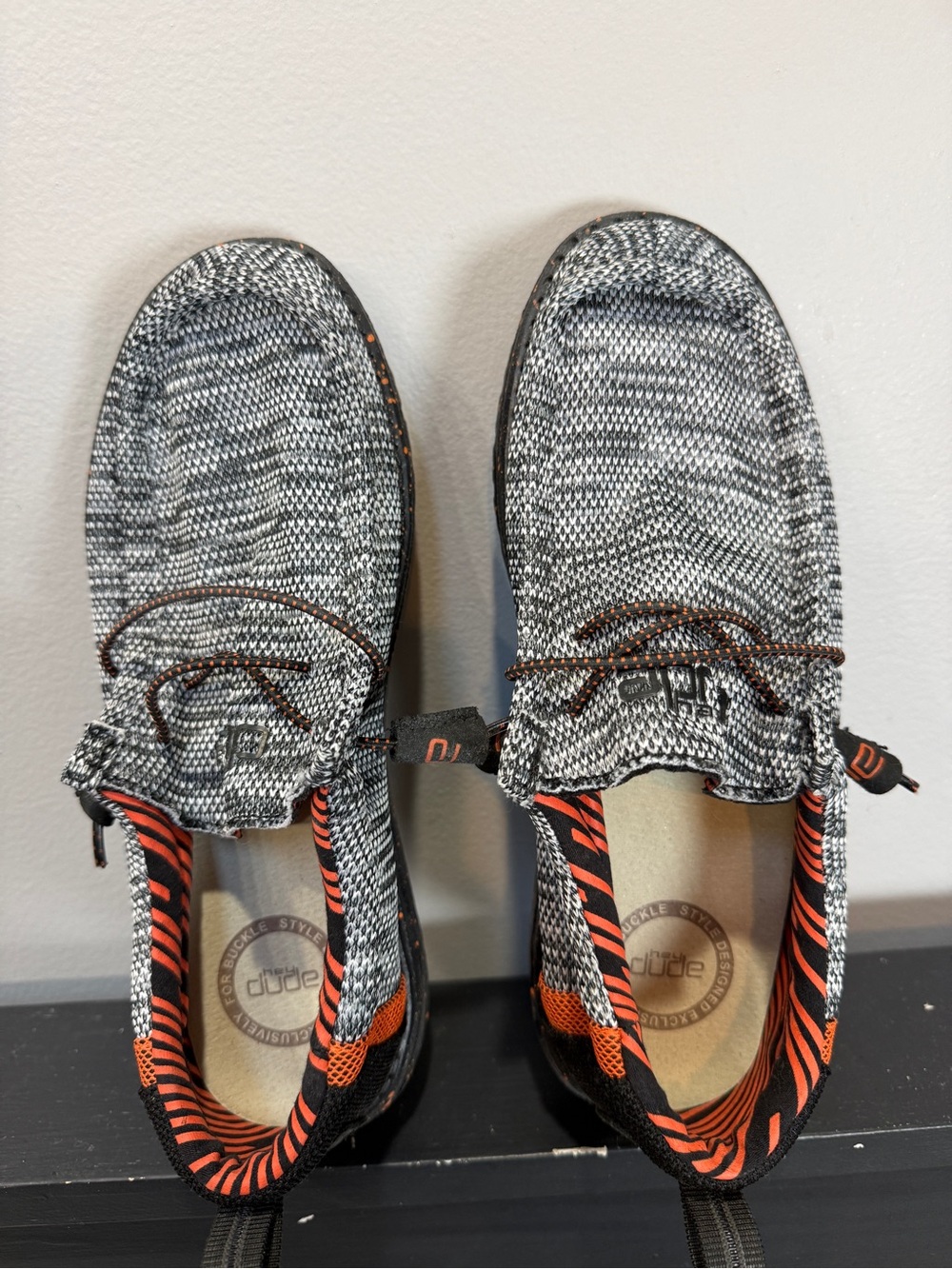 Hey Dude Gray Knit Slip-On Loafers with Orange Accents